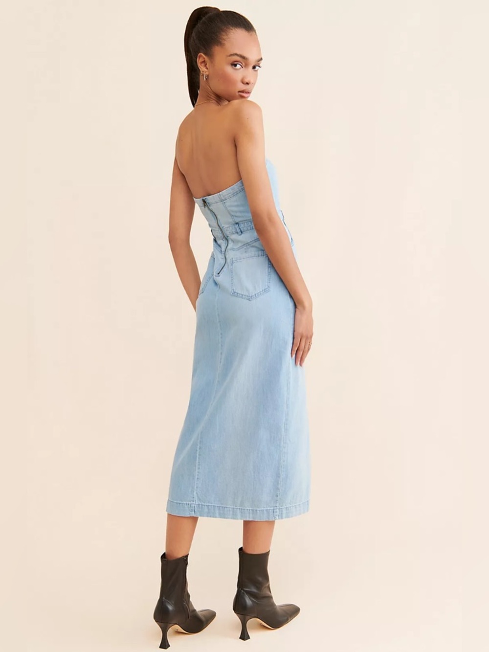 Free People Picture Perfect Strapless Light Blue Denim Midi Dress - Picture 2 of 4